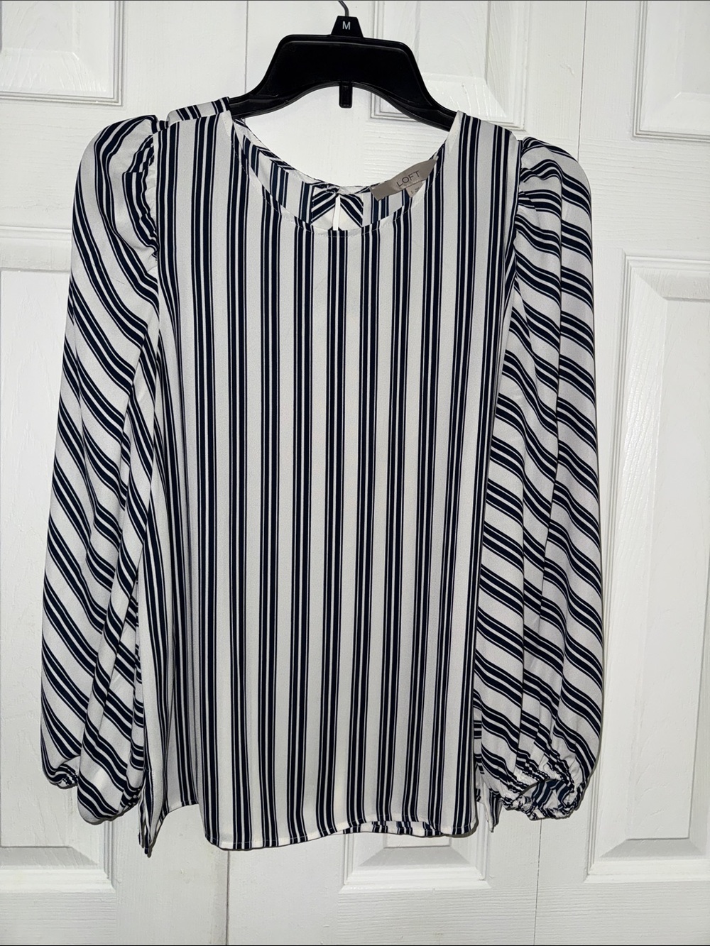 LOFT Navy and White Vertical Stripe Long-Sleeve Blouse